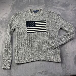 Vintage Polo Ralph Lauren Sweater Mens Large Gray American Flag Knit Cotton 90s